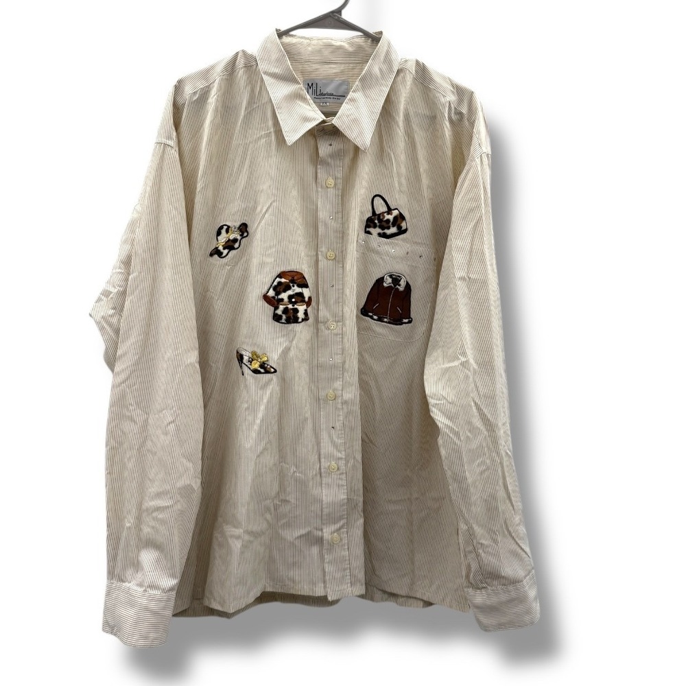 Mili Designs Vintage Shirt Size 2X Beige Striped Embroidered‎ Fashion Icons